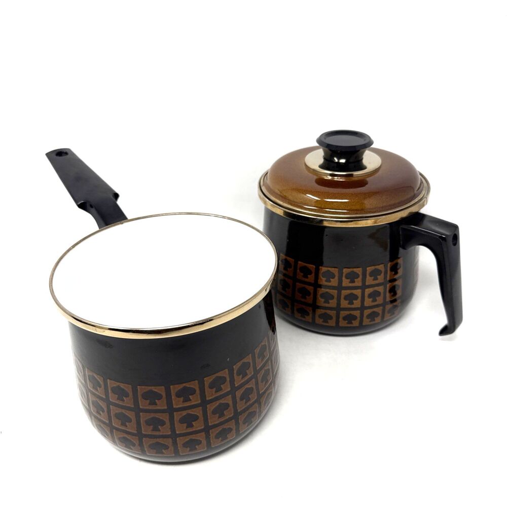 VTG West Bend Le Provencal Enamelware 2 Sauce Pans 2 Qt 1 Lid Brown Mushroom